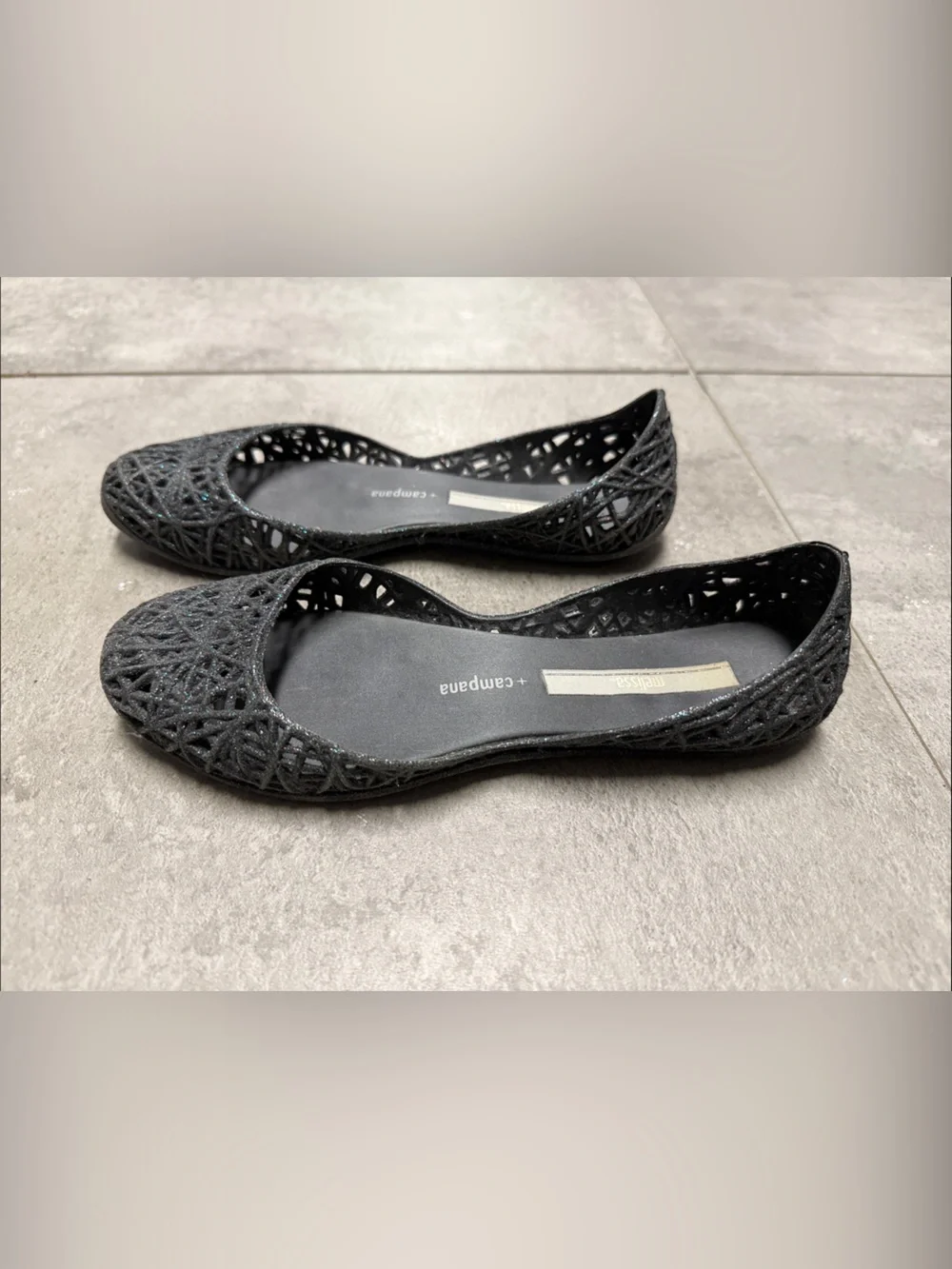 Melissa + Campana Zig Zag jelly flats in black glitter